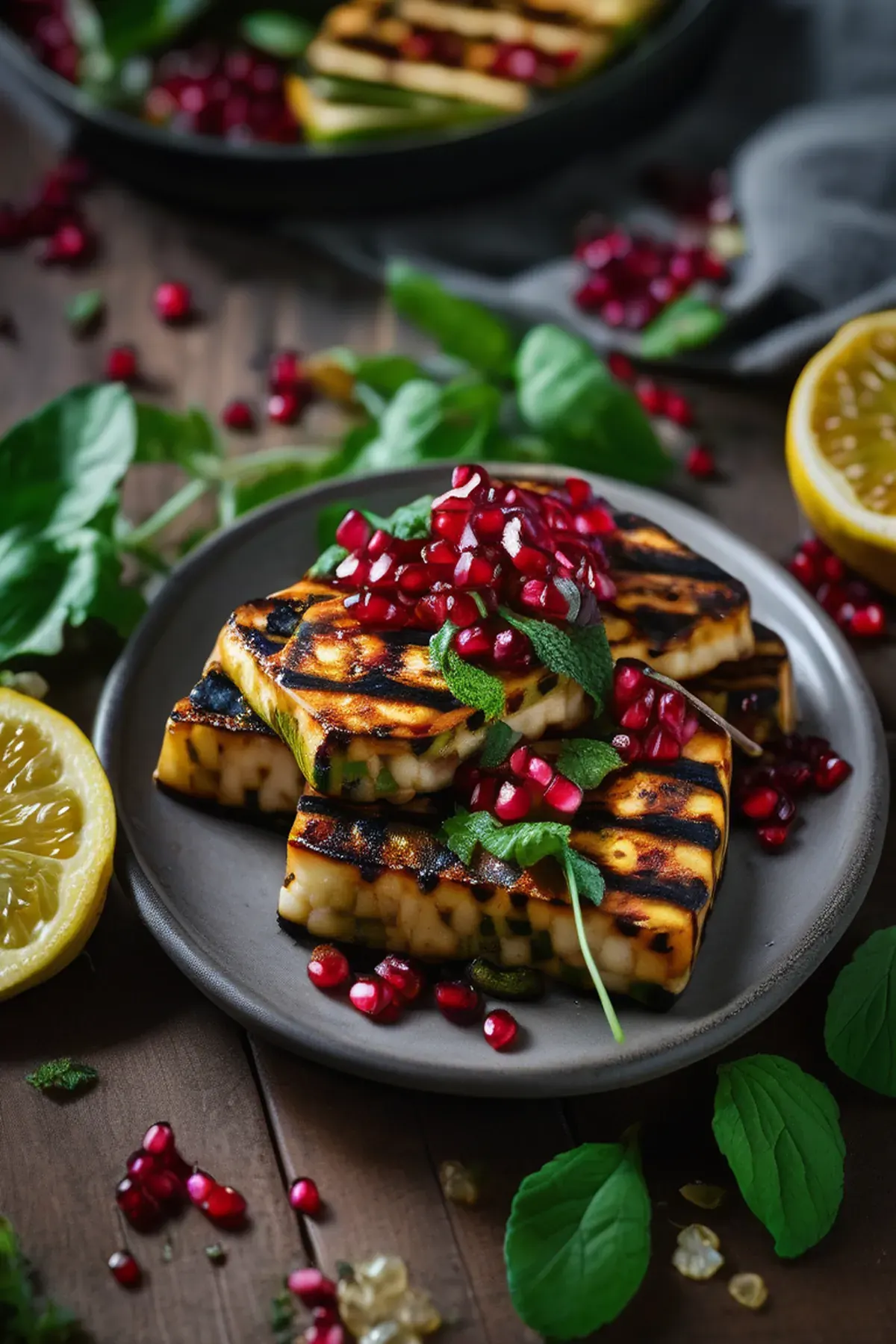 Griddled harissa halloumi with lentil, pomegranate, courgette & mint