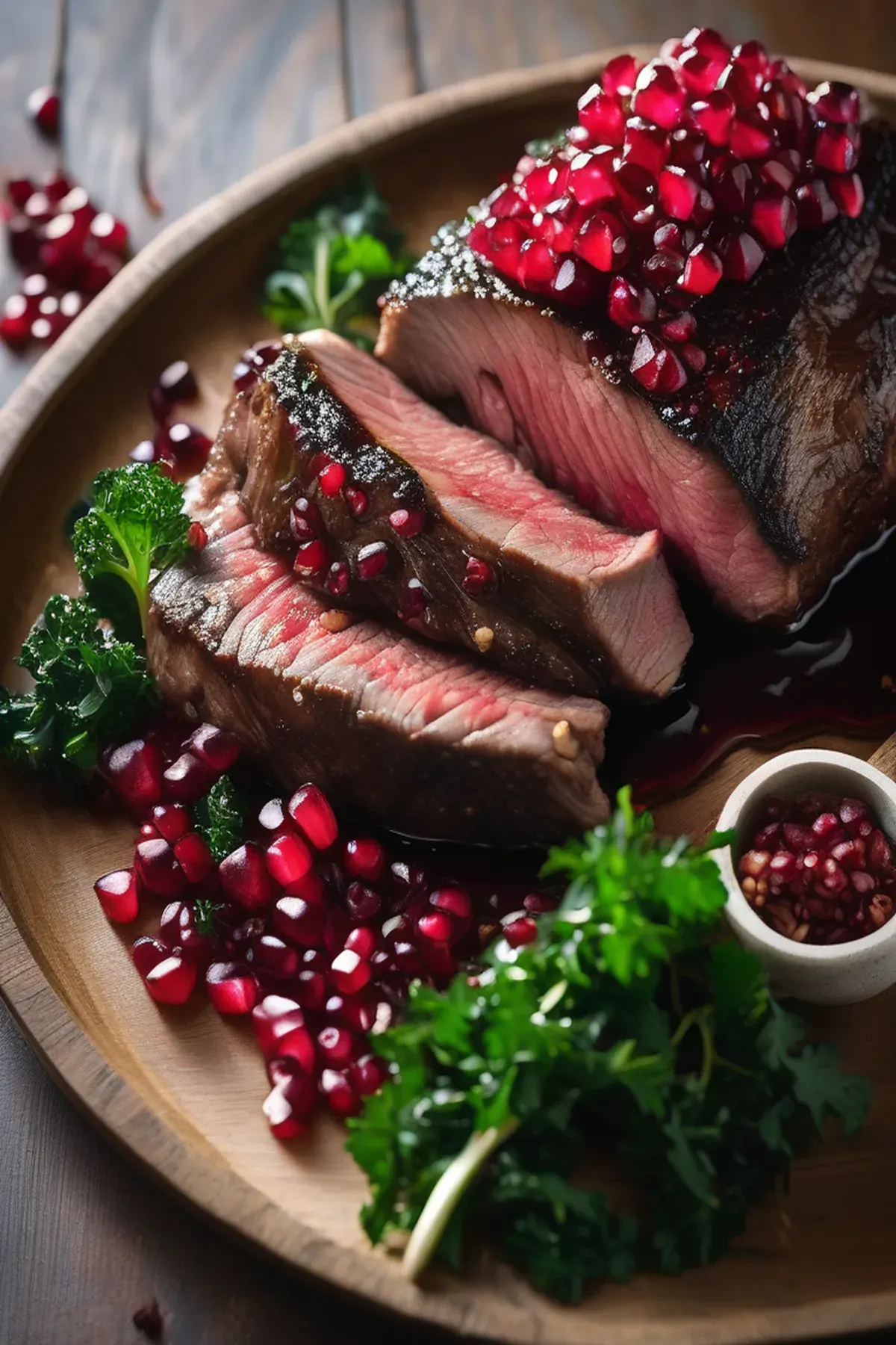 Pomegranate-glazed lamb with date, kale & bulgur salad