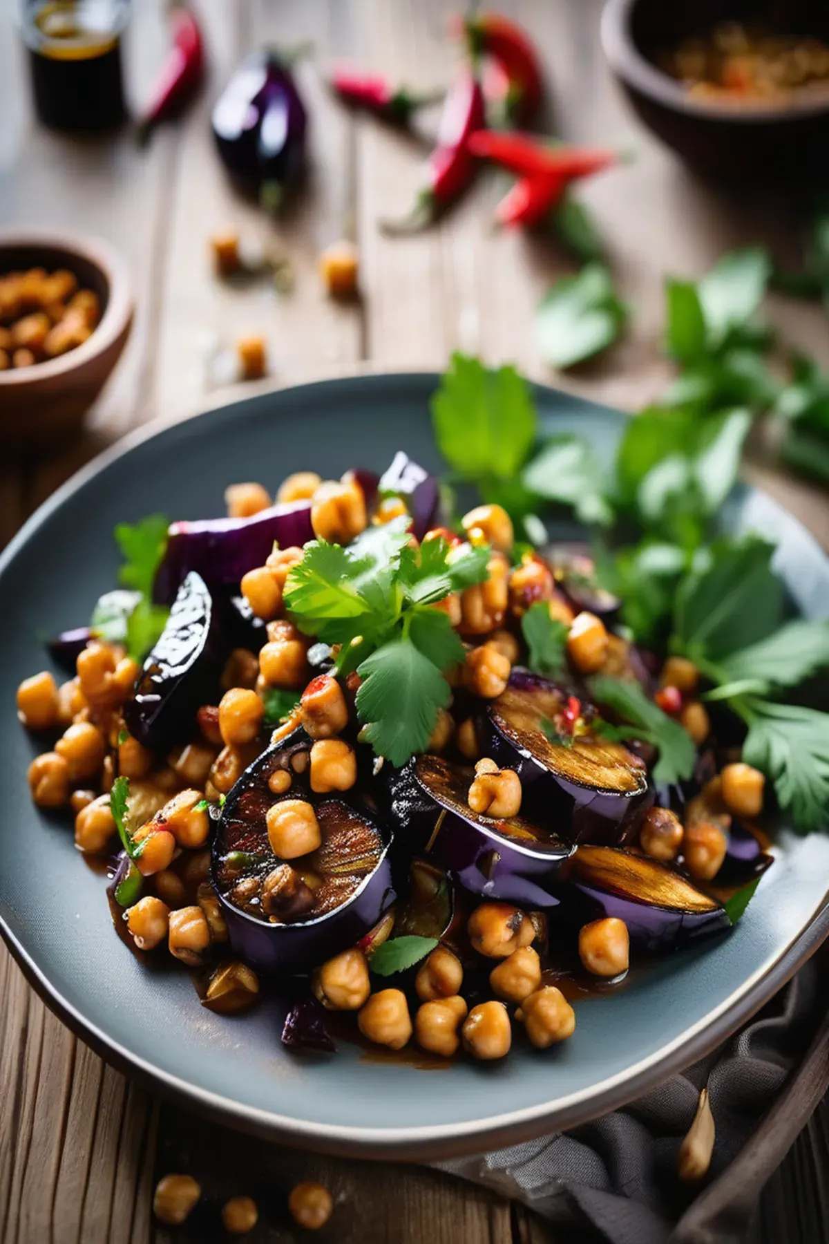Sticky fried aubergine, chickpea & halloumi salad